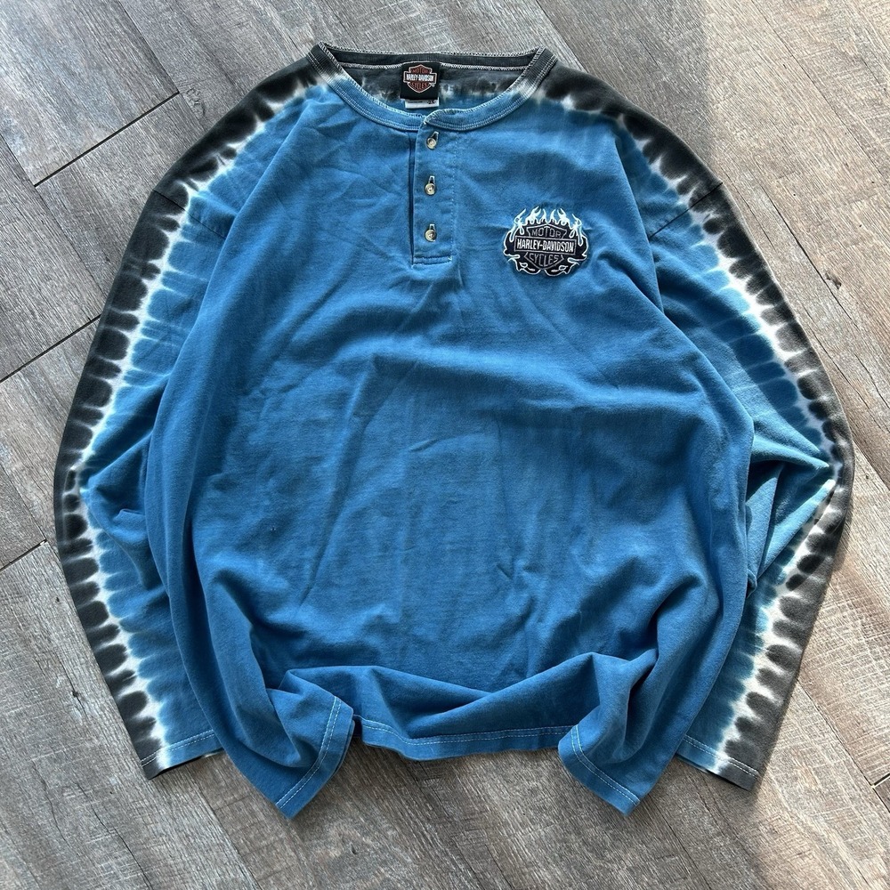 Harley-Davidson Men's Blue Flame Tie-Dye Long Sleeve Henley T-Shirt Size XXL 90s